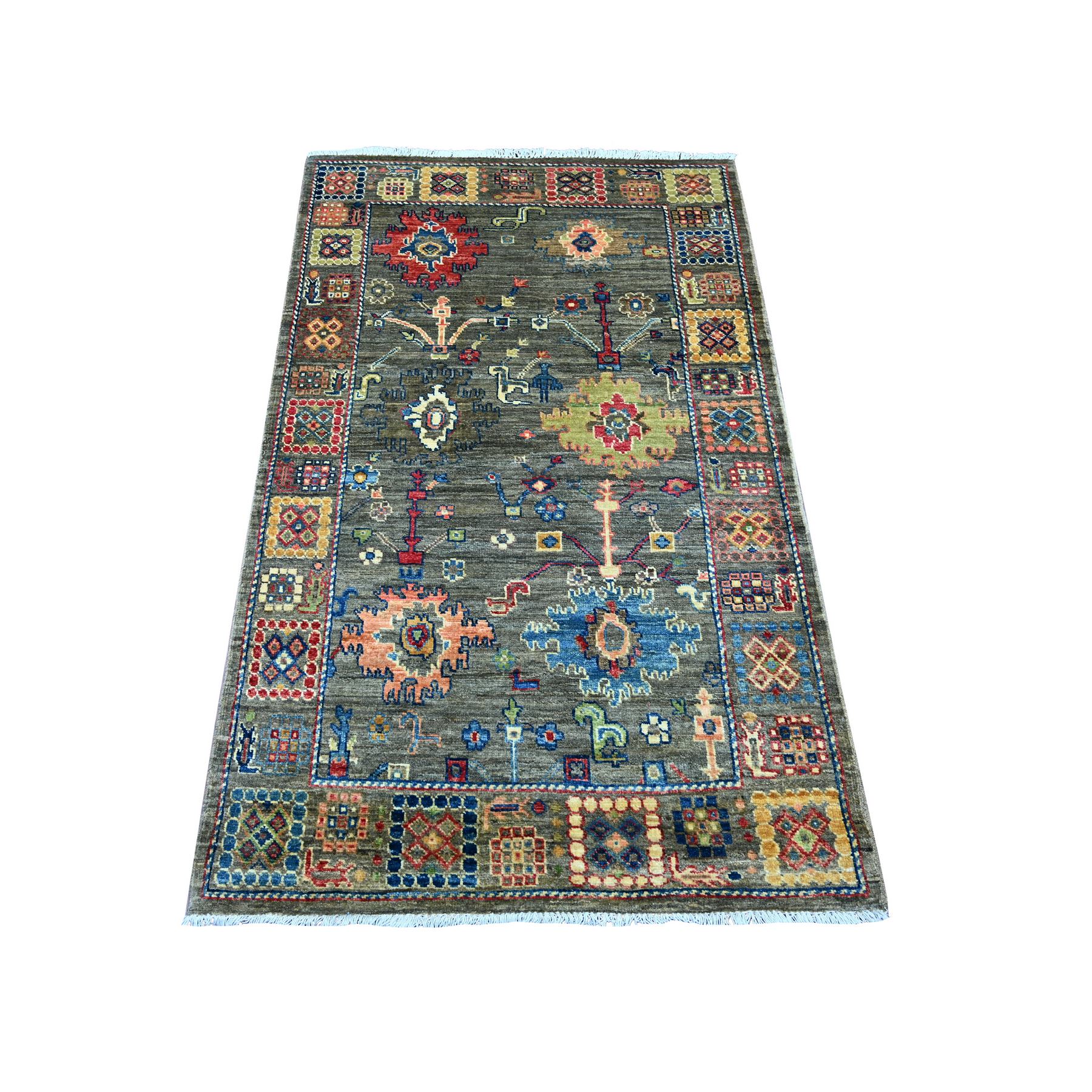 3'1"x4'10" Carbon Gray, Aryana Collection, Peshawar with Colorful Ziegler Mahal Design, High Mountain Wool, Denser Weave, Hand Knotted, Vegetable Dyes, Oriental Rug 
